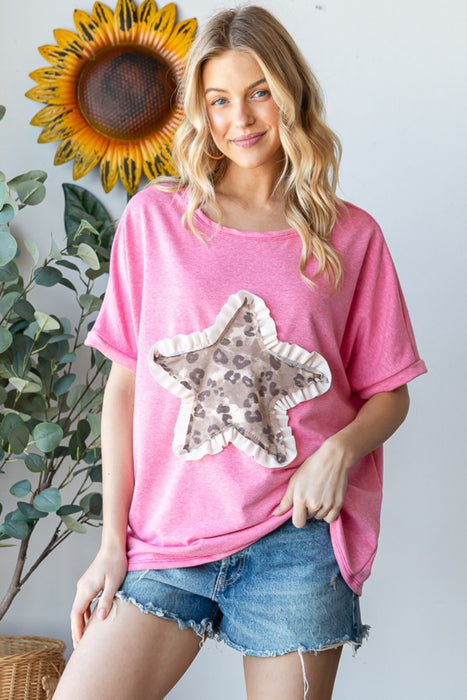 Women's Fashion Tops 2024 Leopard Star Patch Short Sleeve T-Shirt