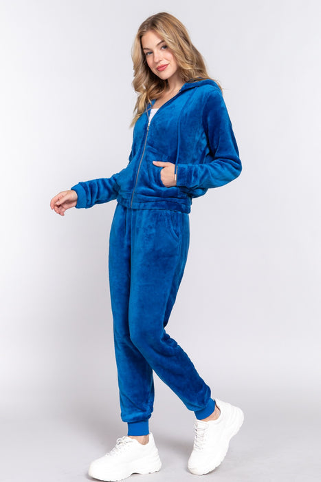 Fashion Women's Two Piece Sets Faux Fur Zip Up Long Sleeve Hoodie and Joggers Set