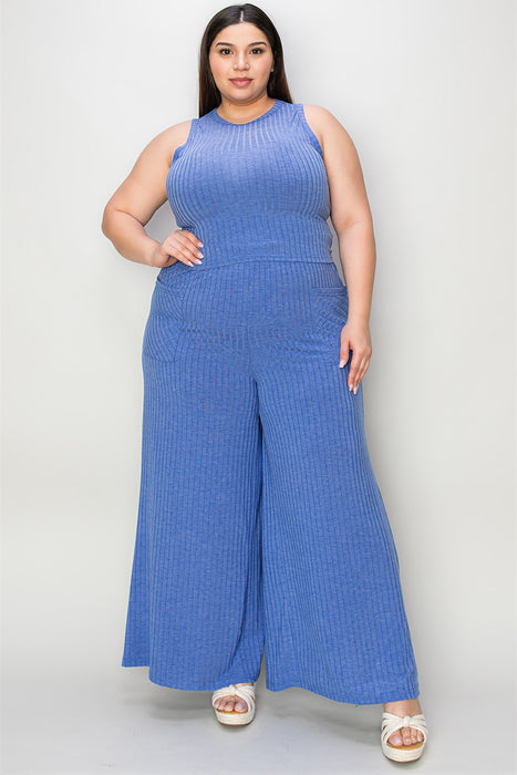 Fashion Women's Two Piece Sets Ribbed Tank and Wide Leg Pants Set