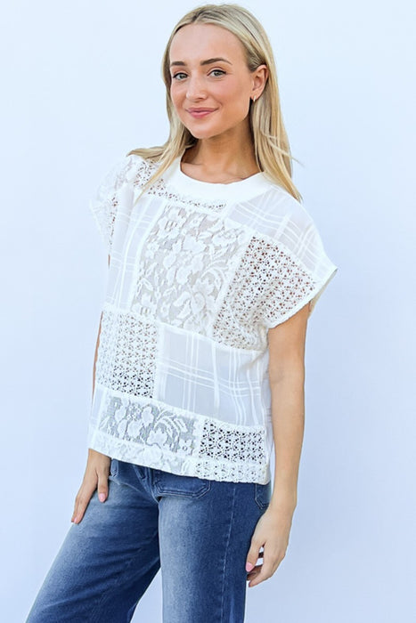 Fashion Women's Two Piece Sets Lace Patchwork Short Sleeve Top and Cami Set