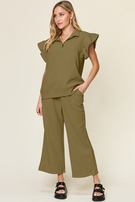 Fashion Women's Two Piece Sets Texture Ruffle Short Sleeve Top and Drawstring Wide Leg Pants Set