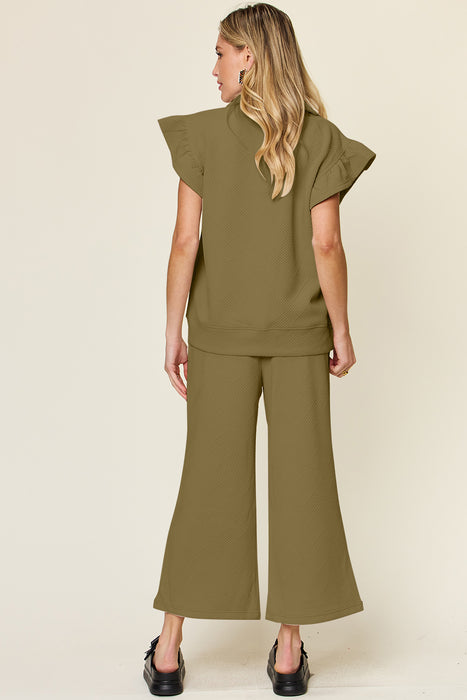 Fashion Women's Two Piece Sets Texture Ruffle Short Sleeve Top and Drawstring Wide Leg Pants Set