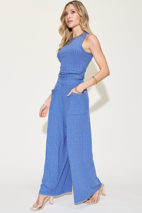 Fashion Women's Two Piece Sets Ribbed Tank and Wide Leg Pants Set