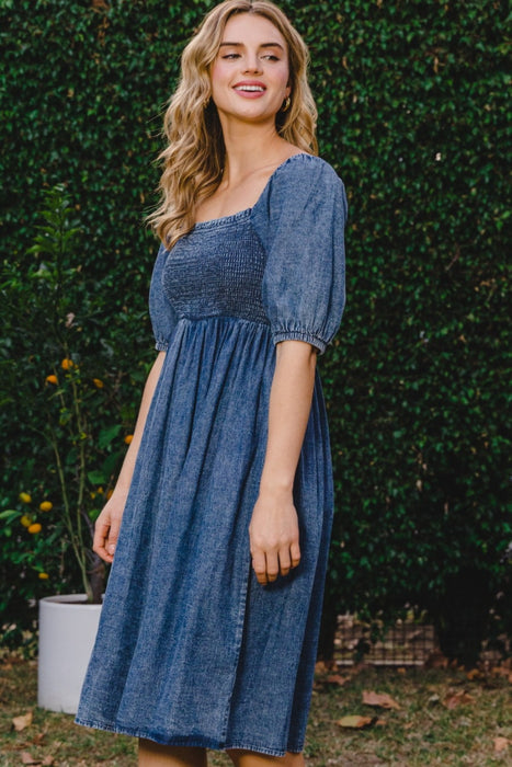 ODDI Washed Smocked Puff Sleeve Dress