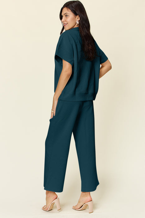 Fashion Women's Two Piece Sets Texture Half Zip Short Sleeve Top and Pants Set