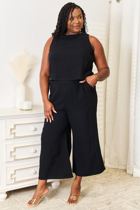 Fashion Women's Two Piece Sets Buttoned Round Neck Tank and Wide Leg Pants Set