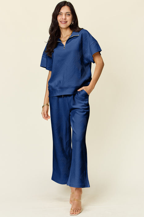 Fashion Women's Two Piece Sets Texture Half Zip Short Sleeve Top and Pants Set