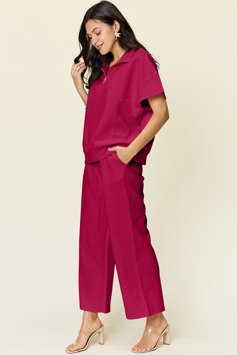 Fashion Women's Two Piece Sets Texture Half Zip Short Sleeve Top and Pants Set