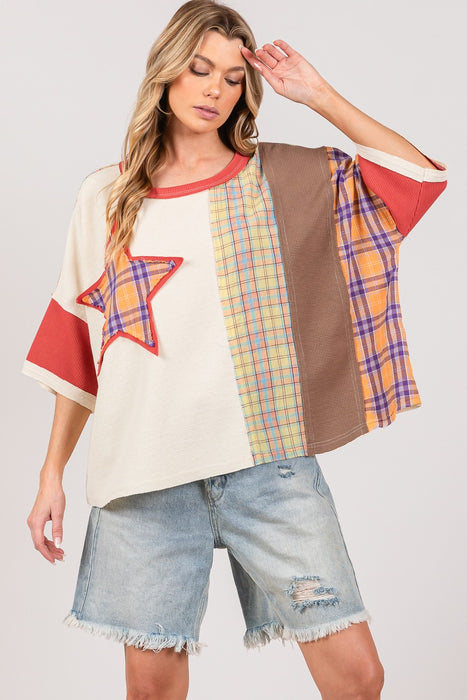 Women's Fashion Tops 2024 Round Neck Plaid Star Patch T-Shirt