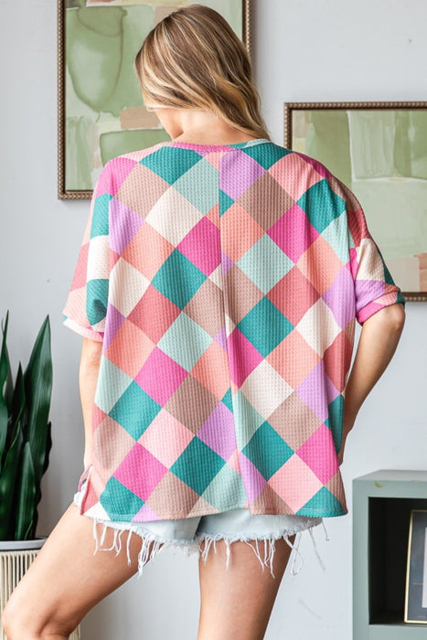 Women's Fashion Tops 2024 Multi Colored Argyle Side Slit T-Shirt