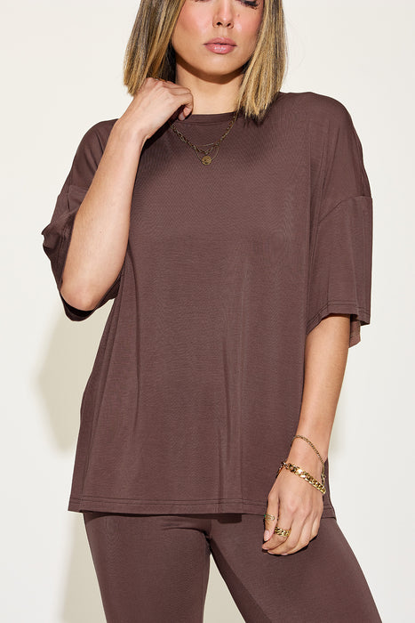 Fashion Women's Two Piece Sets Bamboo Drop Shoulder T-Shirt and Flare Pants Set