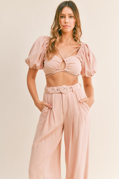 Fashion Women's Two Piece Sets Cut Out Drawstring Crop Top and Belted Pants Set