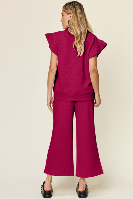 Fashion Women's Two Piece Sets Texture Ruffle Short Sleeve Top and Drawstring Wide Leg Pants Set