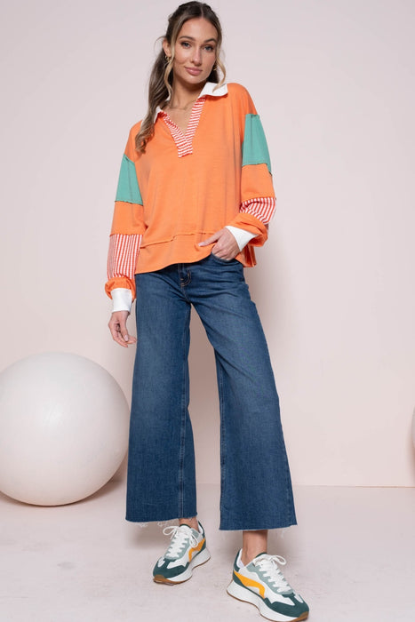 Women's Fashion Tops 2024 Color Block Top with Striped Panel