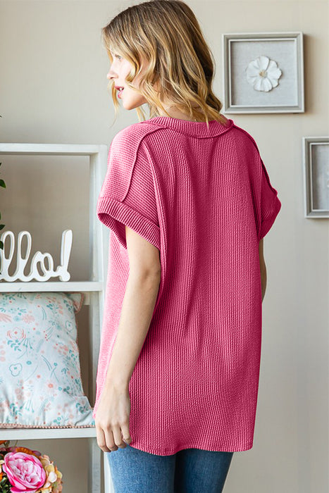 Women's Fashion Tops 2024 Exposed Seam Short Sleeve Ribbed Top