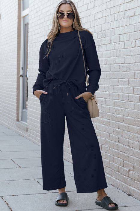 Fashion Women's Two Piece Sets Textured Long Sleeve Top and Drawstring Pants Set