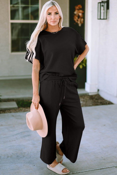 Fashion Women's Two Piece Sets Texture Short Sleeve Top and Pants Set