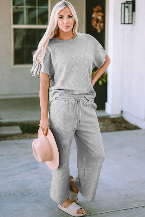 Fashion Women's Two Piece Sets Texture Short Sleeve Top and Pants Set