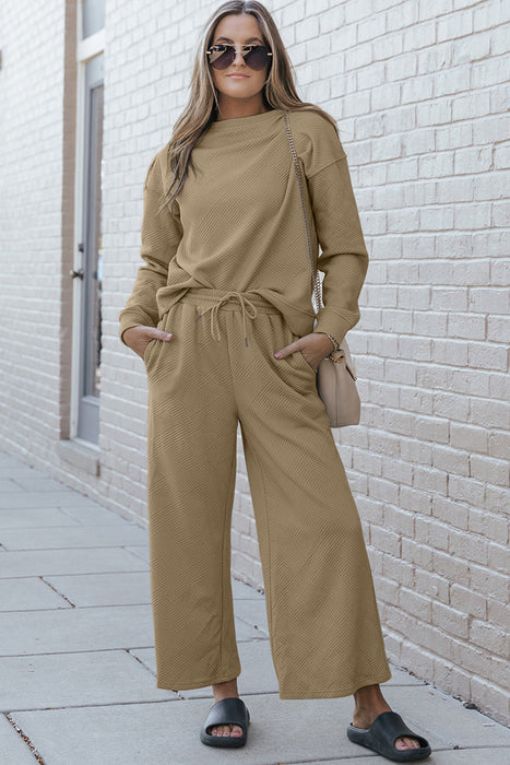 Fashion Women's Two Piece Sets Textured Long Sleeve Top and Drawstring Pants Set