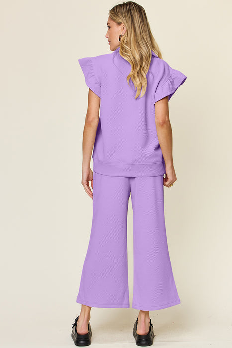Fashion Women's Two Piece Sets Texture Ruffle Short Sleeve Top and Drawstring Wide Leg Pants Set