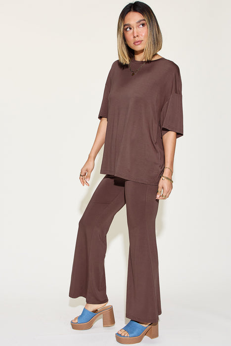Fashion Women's Two Piece Sets Bamboo Drop Shoulder T-Shirt and Flare Pants Set
