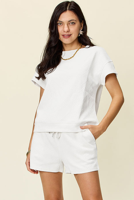 Fashion Women's Two Piece Sets Texture Short Sleeve T-Shirt and Drawstring Shorts Set