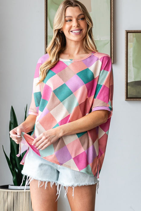 Women's Fashion Tops 2024 Multi Colored Argyle Side Slit T-Shirt