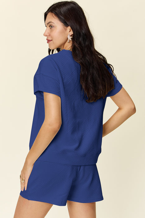 Fashion Women's Two Piece Sets Texture Short Sleeve T-Shirt and Drawstring Shorts Set