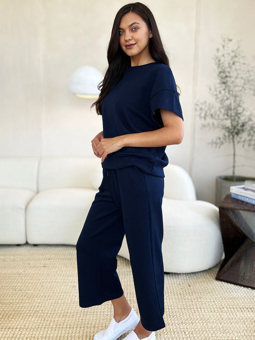 Fashion Women's Two Piece Sets Texture Short Sleeve Top and Pants Set