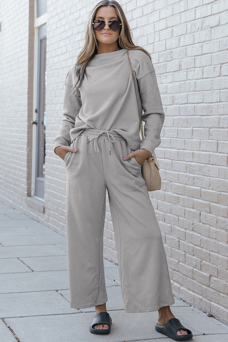 Fashion Women's Two Piece Sets Textured Long Sleeve Top and Drawstring Pants Set