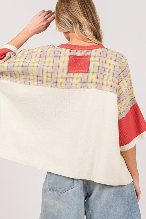 Women's Fashion Tops 2024 Round Neck Plaid Star Patch T-Shirt
