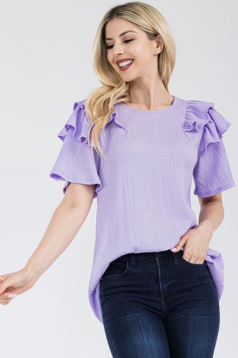 Women's Trendy Fashion Tops 2024 Ruffle Layered Short Sleeve Texture Top