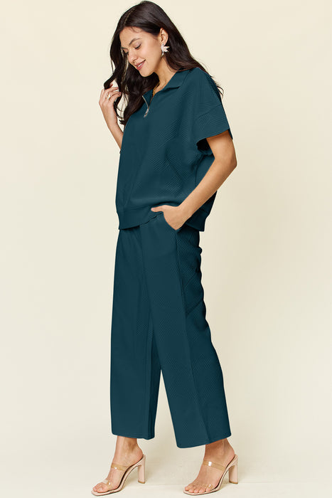 Fashion Women's Two Piece Sets Texture Half Zip Short Sleeve Top and Pants Set