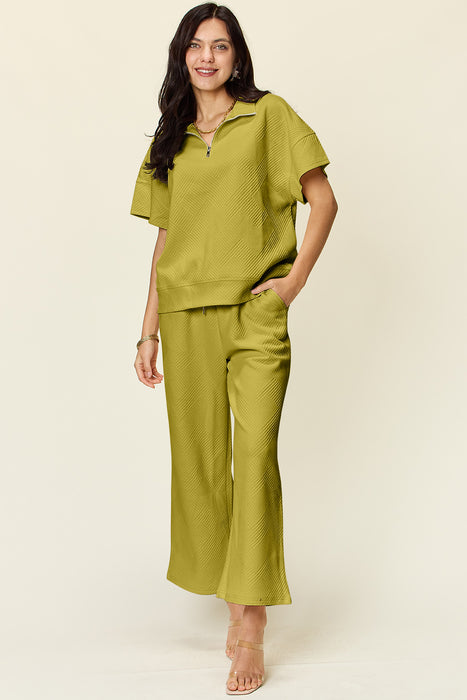 Fashion Women's Two Piece Sets Texture Half Zip Short Sleeve Top and Pants Set