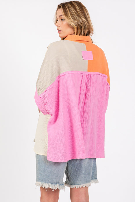 Women's Fashion Tops 2024 Color Block Button-Down Shirt