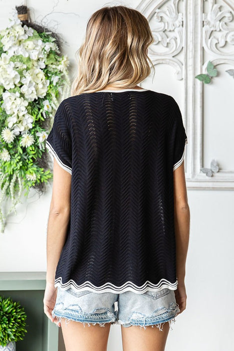 Women's Fashion Tops 2024 Contrast Wavy Crochet Drop Shoulder Knit Top