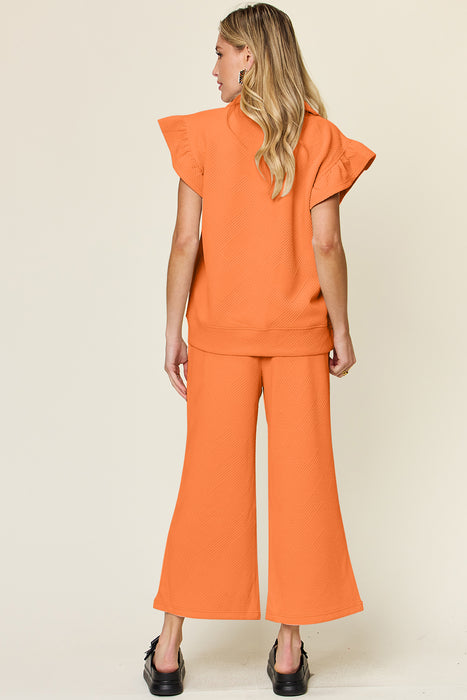 Fashion Women's Two Piece Sets Texture Ruffle Short Sleeve Top and Drawstring Wide Leg Pants Set
