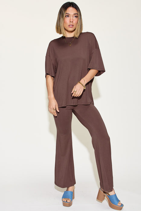 Fashion Women's Two Piece Sets Bamboo Drop Shoulder T-Shirt and Flare Pants Set