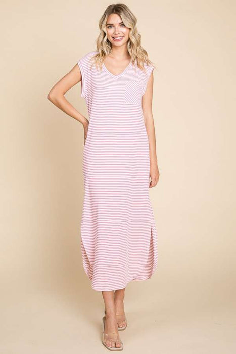 Culture Code Striped V-Neck Slit Dress with Pockets