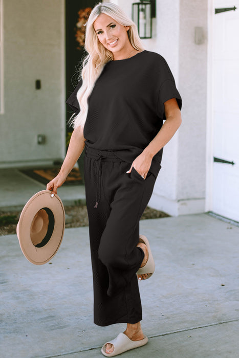 Fashion Women's Two Piece Sets Texture Short Sleeve Top and Pants Set