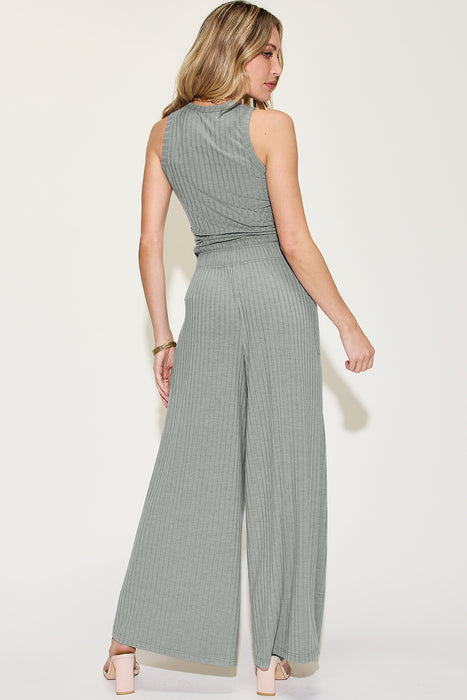 Fashion Women's Two Piece Sets Ribbed Tank and Wide Leg Pants Set