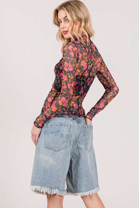 Women's Fashion Tops 2024 Floral Mesh Long Sleeve Top