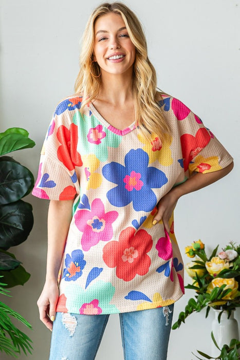 Women's Fashion Tops 2024 Floral V-Neck Side Slit T-Shirt