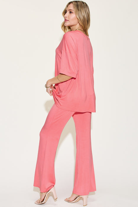 Fashion Women's Two Piece Sets Bamboo Drop Shoulder T-Shirt and Flare Pants Set