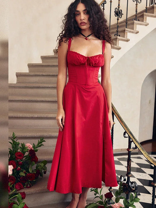 Elegant A Line Midi Dress Sexy Spaghetti Strap Lace Up Red Holiday Party Dresses Summer Dresses Women