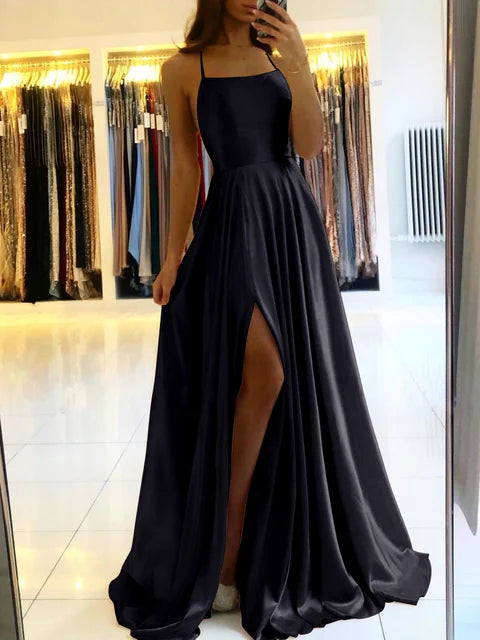 Satin Green Prom Dress Straight Neckline Structured Bodice Low Open Tie Lace Up Back long Satin A-line Gown