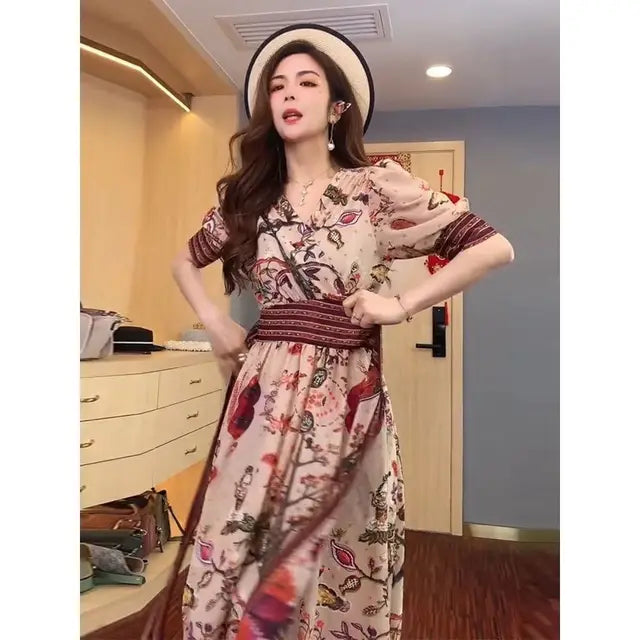Office Lady Puff Sleeve Floral Dress Loose Waist With Bandage New Women's Summer Dresses Elegant Casual Midi