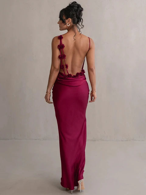 Holiday Party Floral Draped Backless Maxi Long Dress For Women Fashion Spaghetti Strap Sleeveless Bodycon Evening Party Dress Elegant