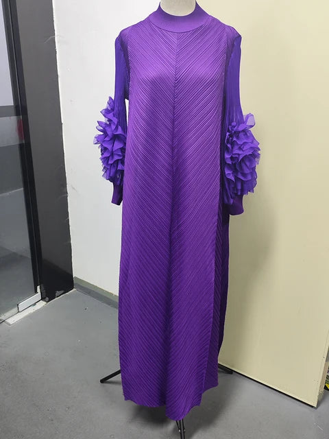 Maxi Pleated Dress Round Neck Spliced Full Sleeve Dresses For Women
