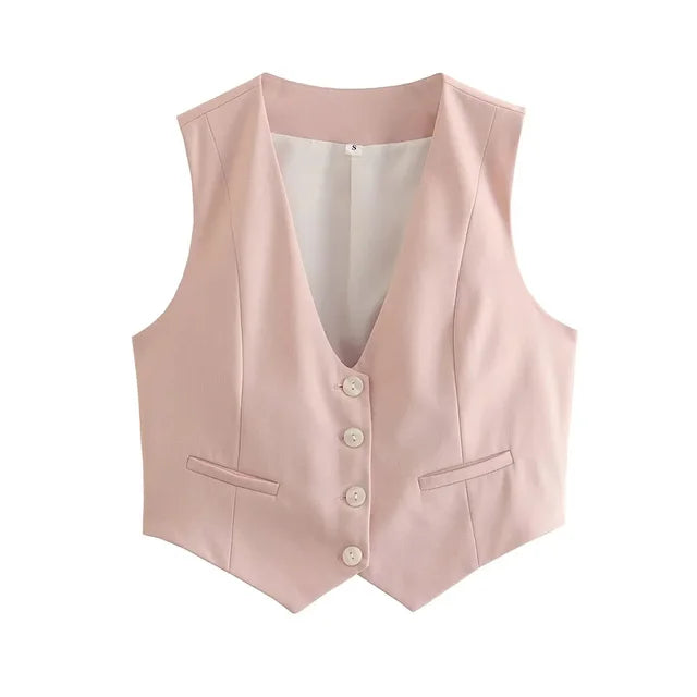 Women Fashion Front Button V Neck Sleeveless Female Chic Vest Tops